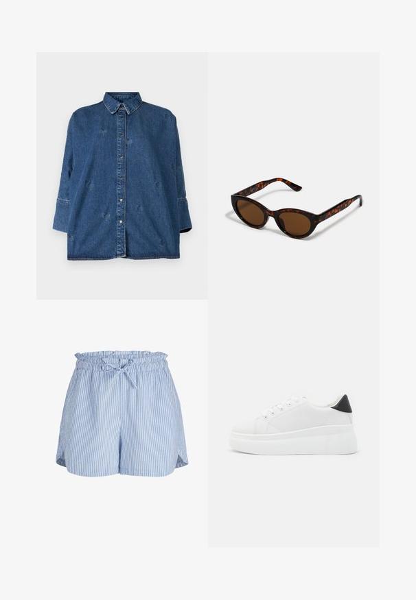 Denimskjorte med klassisk krave, blå farve, oversized pasform og dekorative hjerteformede udsparinger. Har trykknapper og lange ærmer.; Lyseblå og hvide vertikale stribede dame shorts med elastisk talje og bundet snøre foran.; Hvide platform sneakers lavet af glat syntetisk materiale, med en afrundet tå, snørebåndsdesign og en struktureret gummisål. Sorte hæl akcent.; Brune skildpadde solbriller med en vintage katteøje-form og brune linser. Har buede arme med røde detaljer.