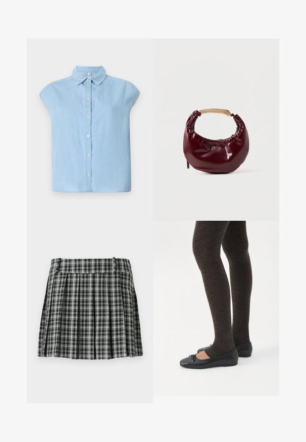 Camisa de botón de manga corta azul hecha de tejido de mezclilla, con un cuello clásico y cierre frontal de botones, con un corte relajado y dobladillo recto.; Falda plisada de cuadros en blanco y negro con una cintura suave y múltiples pliegues verticales. Fabricada en un tejido ligero.; Piernas con leggings oscuros acanalados combinados con bailarinas negras que presentan pequeños detalles de lazo sobre un fondo blanco.; Bolso de mano de piel sintética burdeos con forma redondeada, detalles fruncidos y un asa de metal dorado. Textura suave y acabado brillante.