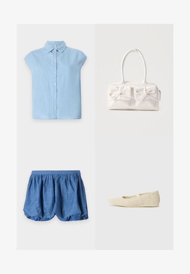 Blå kortærmet skjorte med knapper lavet af denimstof, med en klassisk krave og frontlukning med knapper, i en afslappet pasform og lige kant.; Blå, letvægts shorts med en samlet elastisk talje og et blødt, tekstureret design. Har en blød stoffinish med en afslappet pasform.; Lysebrune ballet flats med en glat læderoverflade, mandelformet tå og elastisk rem over vristen, med diskrete syninger.; Hvid syntetisk håndtaske med to forlommer, hver med en bundet sløjfedetalje. Glat tekstur, afrundede håndtag og lynlås lukning.