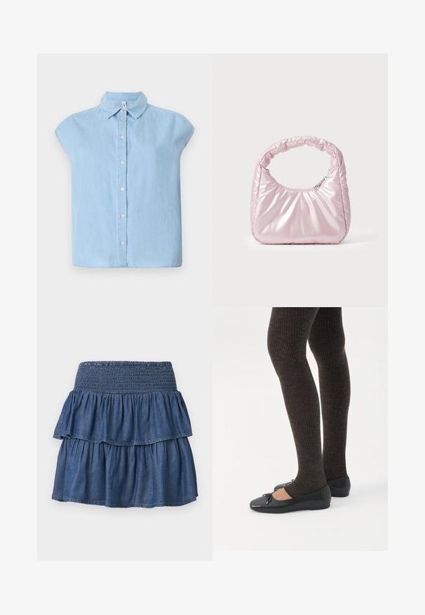 Camisa de botón de manga corta azul hecha de tejido de mezclilla, con un cuello clásico y cierre frontal de botones, con un corte relajado y dobladillo recto.; Falda vaquera azul con volantes, cintura ancha fruncida y dos capas recogidas sobre un fondo liso.; Piernas con leggings oscuros acanalados combinados con bailarinas negras que presentan pequeños detalles de lazo sobre un fondo blanco.; Bolso de mano acolchado en color rosa con un diseño redondeado, fabricado en material brillante. Presenta un asa fruncida y un cierre de cremallera para un acceso seguro.