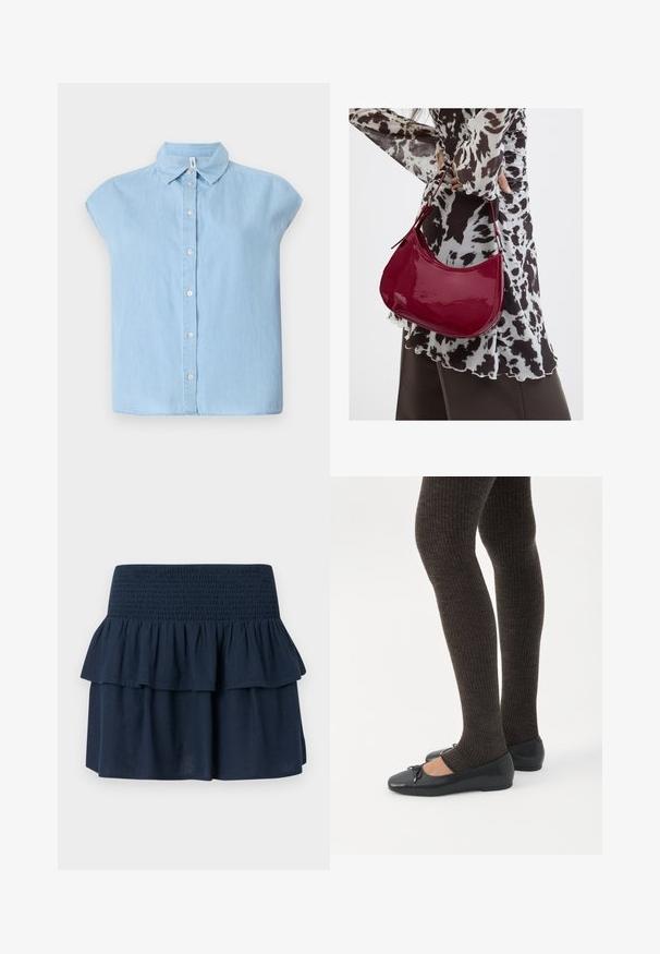 Blå kortærmet skjorte med knapper lavet af denimstof, med en klassisk krave og frontlukning med knapper, i en afslappet pasform og lige kant.; Marineblå mininederdel med bredt smocked taljebånd og lagdelte flæsedetaljer øverst.; Ben iført mørke ribbede leggings kombineret med sorte balletsko med små sløjfedetaljer på hvid baggrund.; Kvinde iført en sort- og hvidmønstret bluse, der holder en blank rød skuldertaske mod en ensfarvet baggrund.