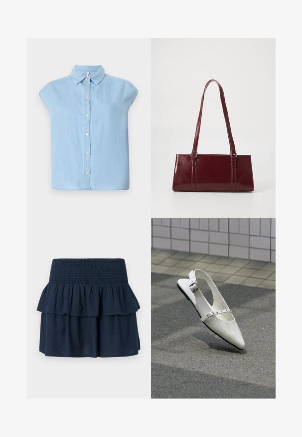 Blaues kurzärmliges Hemd mit Knopfleiste aus Denim-Stoff, klassischem Kragen und vorderer Knopfleiste, mit lockerer Passform und flachem Saum.; Marineblauer Minirock mit breitem gerafftem Bund und geschichteten Volant-Details oben.; Weißer spitzer Slingback-Slipper mit zwei silbernen Schnallen, abgebildet im Freien auf strukturiertem Boden und gefliester Wand im Hintergrund.; Burgunderfarbene Handtasche aus glänzendem Material, rechteckige Form, mit zwei Schulterriemen und subtilen, geschwungenen Akzenten an der Vorderseite.