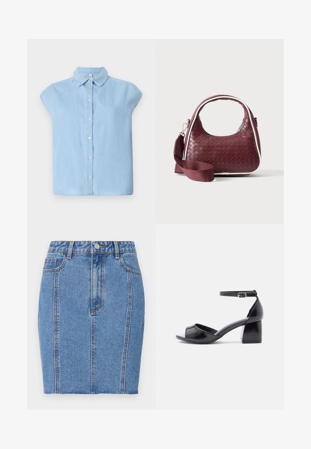 Blå kortærmet skjorte med knapper lavet af denimstof, med en klassisk krave og frontlukning med knapper, i en afslappet pasform og lige kant.; Lys blå denim mini-skirt med høj talje, to frontlommer og orange syning. Glat tekstur, tætsiddende design.; Sorte læderhælede sandaler med ankelrem, åben tå og firkantet blokhæl. Glat tekstur med minimalistiske designelementer.; Mørkerød vævet lædertaske med buet hank, hvid kant, sølv lynlås og aftagelig bred stofskulderrem mod en ensfarvet baggrund.