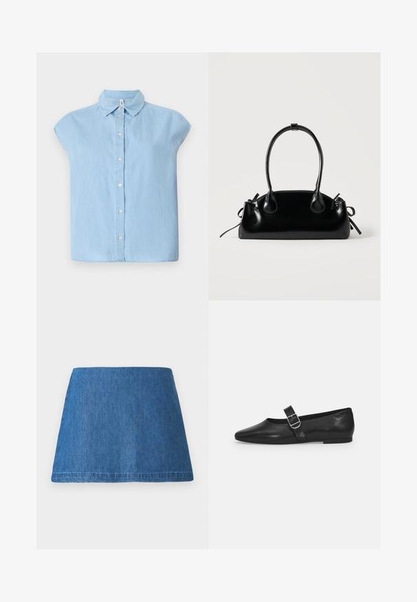 Blå kortærmet skjorte med knapper lavet af denimstof, med en klassisk krave og frontlukning med knapper, i en afslappet pasform og lige kant.; Denim mini nederdel i en mellemblå tone, med en klassisk A-form, ren kant og uden synlige udsmykninger eller mønstre.; Sorte læder flade sko med rund tå, et enkelt justerbart spænde og en glat, blank overflade. Minimalistisk design med en lav hæl.; Lille sort blank håndtaske med to lange håndtag og snøre-detaljer i siden på en ensfarvet lys baggrund.