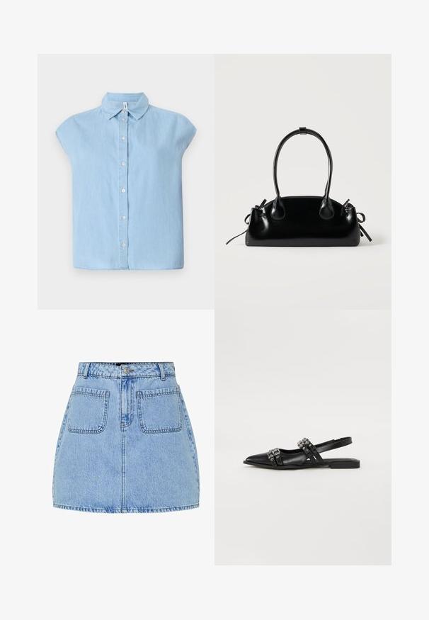 Camisa de botón de manga corta azul hecha de tejido de mezclilla, con un cuello clásico y cierre frontal de botones, con un corte relajado y dobladillo recto.; Minifalda de mezclilla azul claro con cintura alta, cierre frontal de botones y dos bolsillos traseros. Cuenta con costuras en contraste y un corte recto.; Even&Odd by Zalando Bailarinas con tira trasera - black; Pequeño bolso negro brillante con dos asas largas y detalles de cordón lateral sobre un fondo claro liso.