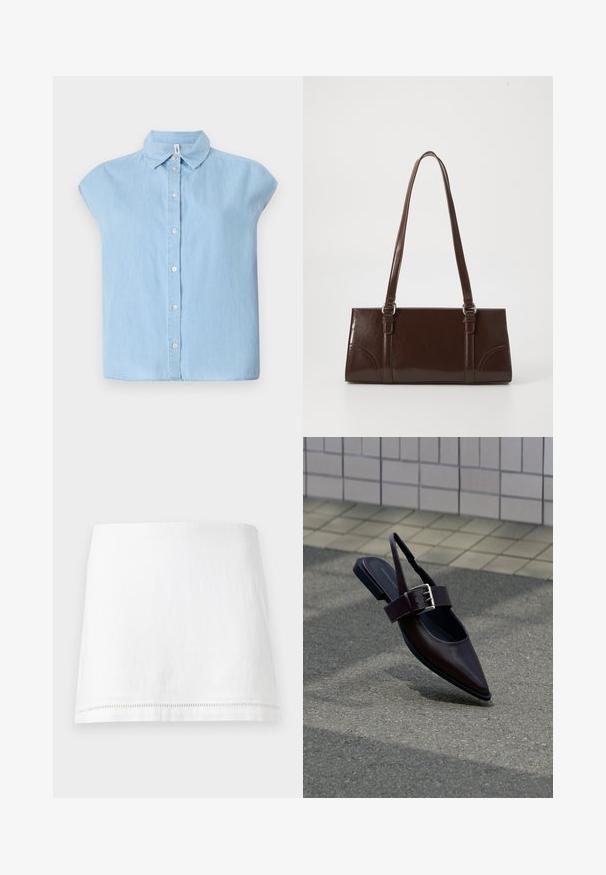 Camisa de botón de manga corta azul hecha de tejido de mezclilla, con un cuello clásico y cierre frontal de botones, con un corte relajado y dobladillo recto.; Minifalda blanca de lino con dobladillo recto y sutil costura decorativa cerca del borde inferior, mostrada sobre un fondo liso.; Zapato plano de punta afilada color marrón oscuro con tira trasera y hebilla grande plateada sobre asfalto cerca de una pared con azulejos.; Bolso de mano de piel sintética marrón con forma rectangular, dos asas largas y sutiles acentos curvados en la parte delantera.