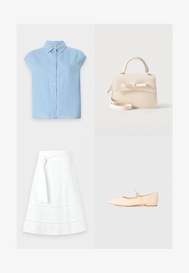 Blå kortærmet skjorte med knapper lavet af denimstof, med en klassisk krave og frontlukning med knapper, i en afslappet pasform og lige kant.; Hvid A-formet nederdel med bredt taljebånd bundet i en sideknude og dekorative vandrette blonderindlæg nær skørtekanten.; Beige spidse Mary Jane flade sko med en lille hæl og en tynd rem fastgjort med en guldbuckle på en hvid baggrund.; Lille beige håndtaske med top-håndtag, aftagelig rem, forreste klap og dekorativ vandret sløjfe på en ensfarvet baggrund.