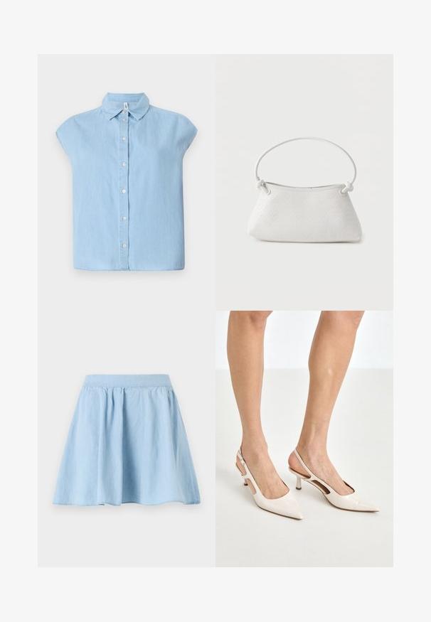 Blauwe korte mouwen knoopjesoverhemd gemaakt van denim stof, met een klassieke kraag en een knoopsluiting aan de voorkant, in een ontspannen pasvorm en met een rechte zoom.; Lichtblauwe denim rok met een uitlopende stijl, gathered tailleband en een soepele textuur. De zoomlijn curveert soepel aan de onderkant.; Beige gepatineerde leren slingback hakken met een spitze neus en een hak van 5 cm, met uitsparingen aan de zijkanten en een dunne enkelband.; Witte handtas van gevlochten leer met een afgeronde handgreep en uiteinden van de band die geknoopt zijn, afgebeeld tegen een effen achtergrond.