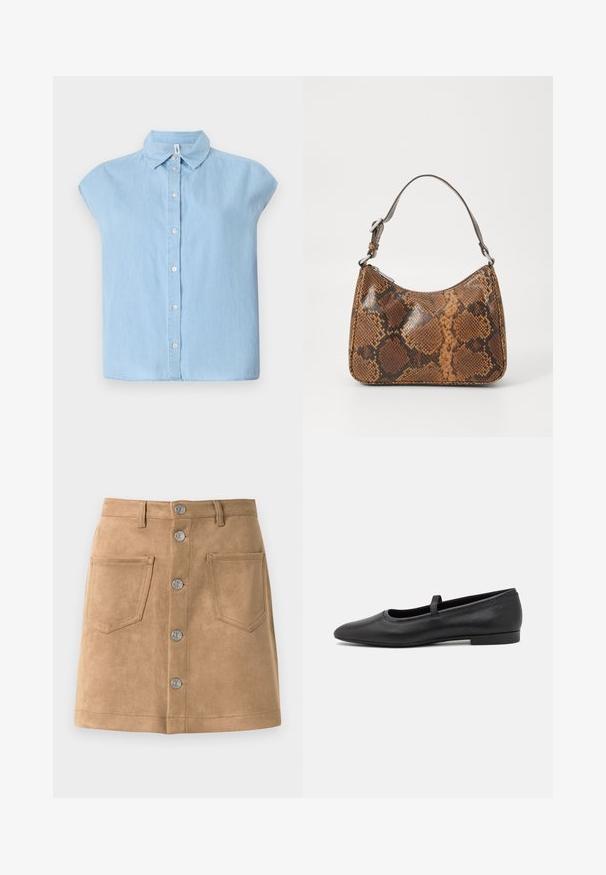 Blå kortærmet skjorte med knapper lavet af denimstof, med en klassisk krave og frontlukning med knapper, i en afslappet pasform og lige kant.; Tan suede nederdel med en tætsiddende form, fem metalliske frontknapper og to forlommer, der har en glat tekstur og rene kanter.; Sorte ballet flade lavet af glatmælket læder, med en rund tå, et lille bånd henover toppen, og et minimalistisk design.; Lille håndtaske med brun og sort slangeskinn mønster, kort justerbar rem og lynlåslukning.