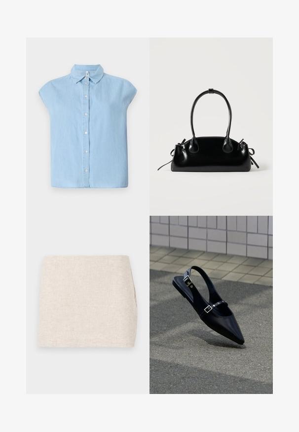 Blauwe korte mouwen knoopjesoverhemd gemaakt van denim stof, met een klassieke kraag en een knoopsluiting aan de voorkant, in een ontspannen pasvorm en met een rechte zoom.; Beige linnen rok met een minimaal ontwerp, voorzien van een gladde textuur en subtiele structuur. Het heeft een rechte, eenvoudige snit zonder zichtbare sluitingen.; Zwarte platte slingback met spits toelopende neus en dubbele gespsluitingen, rustend op grijs asfalt bij een achtergrond van betegelde muur.; Kleine zwarte glanzende handtas met twee lange hengsels en zijkant trekkoord details op een effen lichte achtergrond.