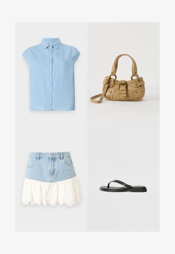 Blaues kurzärmliges Hemd mit Knopfleiste aus Denim-Stoff, klassischem Kragen und vorderer Knopfleiste, mit lockerer Passform und flachem Saum.; Denim-Minirock mit vorderen Taschen und Knopf, mit einem weißen Lochstickerei-Spitzenvolant am Saum für einen geschichteten Look.; Schwarze Flip-Flops aus glattem Leder, mit einem dünnen Riemendesign und einer flachen Sohle mit minimalem Profil. Keine bemerkenswerten Muster oder Akzente.; Beige Lederhandtasche mit doppelten Griffen, Messingschnalle und Nieten, sowie verstellbarem Schultergurt vor weißem Hintergrund.