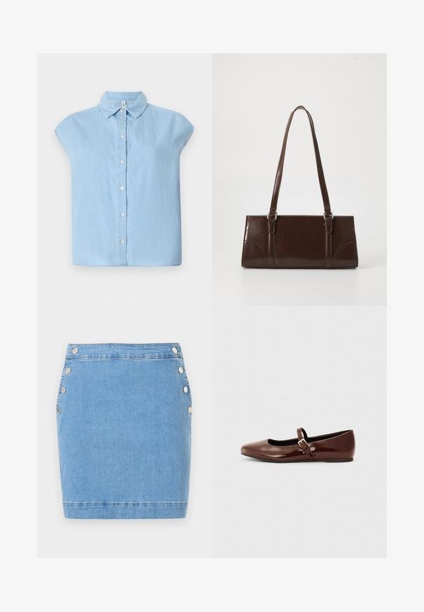 Blauwe korte mouwen knoopjesoverhemd gemaakt van denim stof, met een klassieke kraag en een knoopsluiting aan de voorkant, in een ontspannen pasvorm en met een rechte zoom.; Lichtblauwe denim minirok met zilveren drukknopen langs beide zijden en een gestikte zoom aan de onderkant.; Bruine gepatineerde leren balletschoen met een vierkante neus en een bandje met een kleine gouden gesp. Gladde textuur, lage hak en minimalistisch ontwerp.; Bruine lakleren handtas met een rechthoekige vorm, twee lange handvatten en subtiele gebogen accenten aan de voorkant.