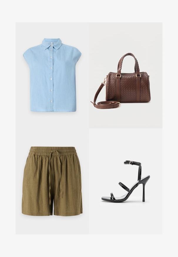 Blauwe korte mouwen knoopjesoverhemd gemaakt van denim stof, met een klassieke kraag en een knoopsluiting aan de voorkant, in een ontspannen pasvorm en met een rechte zoom.; Olijfgroene pull-on shorts gemaakt van lichtgewicht stof, met een elastische tailleband en een koord, in een ontspannen, losse pasvorm.; Zwarte gepatineerde leren hoge hak sandalen met drie horizontale banden en een verstelbare enkelband. Slanke silhouette en glanzende afwerking.; Donkerbruine gevlochten leren handtas met dubbele gevlochten handvatten, gouden beslag en afneembare schouderriem opgerold aan de voorkant.