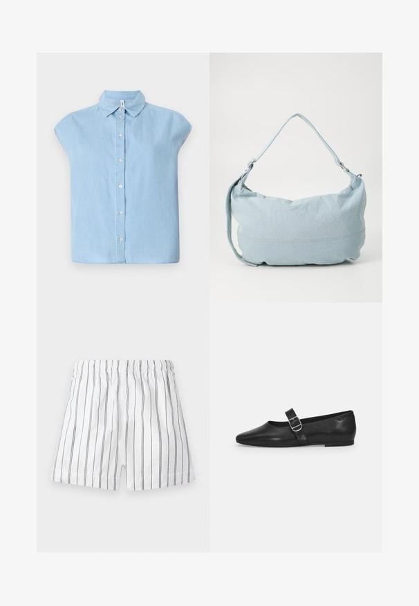 Blå kortærmet skjorte med knapper lavet af denimstof, med en klassisk krave og frontlukning med knapper, i en afslappet pasform og lige kant.; Hvide shorts med tynde lodrette grå striber, en elastisk talje og en komfortabel pasform. Fremstillet af letvægtsstof for åndbarhed.; Sorte læder flade sko med rund tå, et enkelt justerbart spænde og en glat, blank overflade. Minimalistisk design med en lav hæl.; Lysblå denim skuldertaske i en rund form, justerbar rem og diskret syning langs den nederste kant. Blød tekstur.