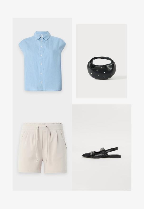 Blå kortærmet skjorte med knapper lavet af denimstof, med en klassisk krave og frontlukning med knapper, i en afslappet pasform og lige kant.; Lyse beige shorts med elastisk talje, snor, sidelommer og flæsedetaljer langs lommekanterne. Blødt stoff.; Even&Odd Slingback-ballerinasko - black; Sort læderhåndtaske med en rundet form, dekoreret med sølvnitter, og et kort håndtag. Glat tekstur og lynlåslukning.
