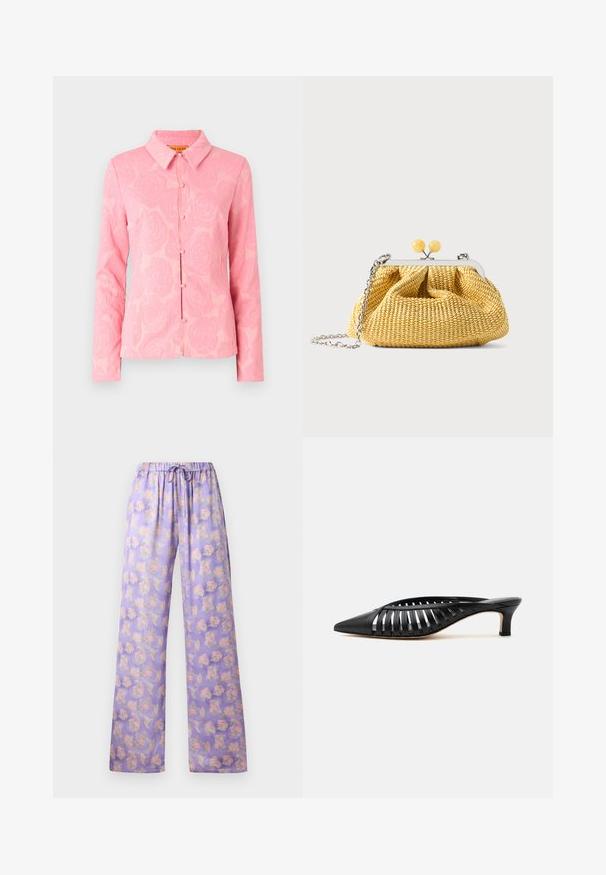 Lyserød bluse med blomsterprint, lange ærmer, klassisk krave og knapper foran. Fremstillet af tekstureret stof med en blød overflade.; Lyslilla blomstrede bukser med elastisk talje og snor. Har et blødt stof, vidde ben-design og et mønster af pink og grønne blomster.; Sort læder mule med spids snude, stropdetalje og lav kittenhælk på hvid baggrund.; Lille gul vævet håndtaske med sølvramme, to gule kuglelåse og en sølvkæde som rem på hvid baggrund.