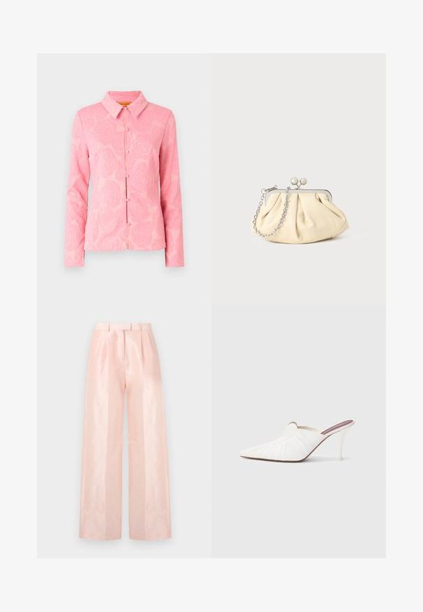Lyserød bluse med blomsterprint, lange ærmer, klassisk krave og knapper foran. Fremstillet af tekstureret stof med en blød overflade.; Lys pink højtaljede wide-leg bukser med en glat, blank tekstur, med folder fortil og et matchende bælte.; Hvide mule sko med spids snude, plisseret tekstur på overdelen og en slank stilet hæl. Glat overflade og minimalistisk design.; Plisseret beige læderclutch med en sølvmetalramme, der har to runde dekorative låse og en sølvkædetrasporte.
