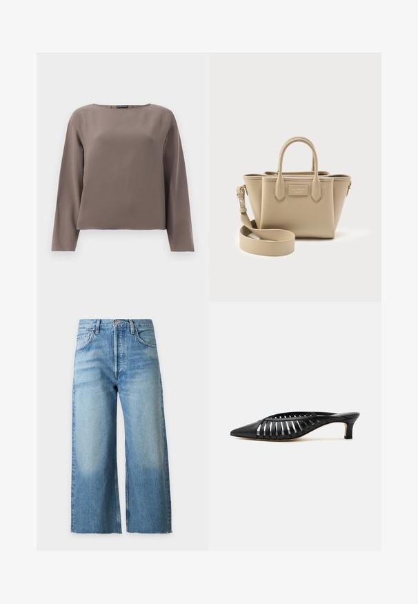 Blusa marrón de manga larga con un escote amplio, fabricada en una tela suave y lisa. Presenta un ajuste relajado y un diseño minimalista sin adornos.; Vaqueros anchos de mezclilla azul con cintura alta, cierre de botón y cremallera, y bolsillos delanteros y traseros, mostrados sobre un fondo liso.; Zapato mule de cuero negro con punta afilada, diseño de tiras con recortes y tacón bajo tipo kitten sobre fondo blanco.; Bolso estructurado beige con dos asas superiores, una correa de hombro desmontable y una placa de logo rectangular en la parte frontal.