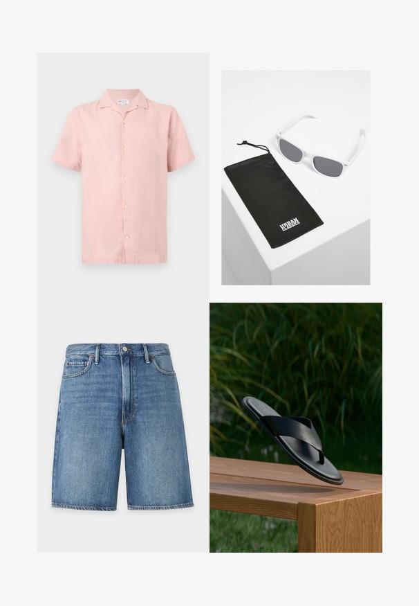 Chemise rose clair à manches courtes avec col, boutons sur le devant et étiquette GAP à l'intérieur du col.; Short en jean bleu avec bouton à l'avant, passants de ceinture et poches avant, présenté sur fond blanc uni.; Sandale noire en cuir à enfiler avec des brides croisées flottant au-dessus d'un banc en bois à l'extérieur avec un fond de feuillage vert.; Lunettes de soleil en plastique blanc avec verres gris à côté d'une pochette en tissu noir ornée d'un logo "URBAN CLASSICS" en lettres majuscules blanches.