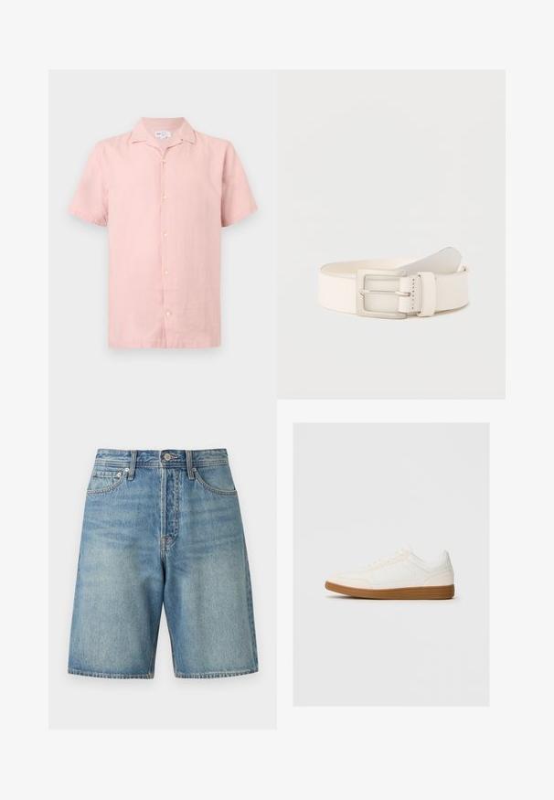 Chemise rose clair à manches courtes avec col, boutons sur le devant et étiquette GAP à l'intérieur du col.; Short en denim bleu clair avec bouton à l'avant, passants de ceinture et cinq poches, présenté sur fond blanc.; Baskets blanches avec un capuchon en daim, un dessus en synthétique lisse et une semelle en caoutchouc marron. Présente des perforations sur les côtés pour une meilleure respirabilité.; Ceinture en cuir couleur crème avec une boucle rectangulaire en argent, enroulée avec l'extrémité glissée sous la passante.