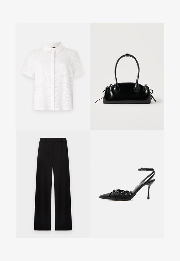 Camisa blanca de manga corta hecha de tela de encaje, con cuello y cierre frontal de botones, con patrones florales en todo el material.; Pantalones negros de pierna ancha, entallados, con trabillas para cinturón y pliegues delanteros, exhibidos sobre un fondo blanco.; Zapato de tacón alto negro con punta fina, bordes ondulados, ojales metálicos, cordones delanteros y una correa en el tobillo con cierre de hebilla.; Pequeño bolso negro brillante con dos asas largas y detalles de cordón lateral sobre un fondo claro liso.