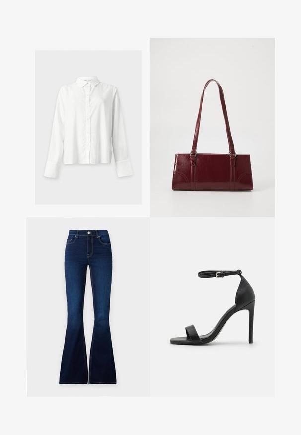 Chemise blanche à manches longues, boutonnée, avec col et larges poignets, présentée sur un fond clair uni.; Jean flare bleu foncé à taille haute, en denim. Présente des coutures contrastées et une fermeture à bouton à l'avant. Texture lisse.; Sandale noire à talons hauts au design épuré, avec une bride au niveau de la cheville, un bout ouvert et une texture en cuir lisse.; Sac à main bordeaux en matériau brillant, de forme rectangulaire, avec deux anses et des accents légèrement courbés à l'avant.