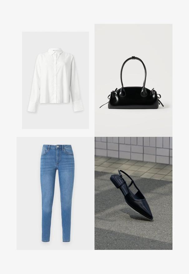 Chemise blanche à manches longues, boutonnée, avec col et larges poignets, présentée sur un fond clair uni.; Jean skinny bleu clair taille haute avec cinq poches, fermeture à boutons et légère décoloration sur les cuisses et les genoux.; Chaussure plate noire à bout pointu avec bride arrière, flottant au-dessus d'une surface en bitume à côté d'un trottoir carrelé.; Petit sac à main noir brillant avec deux longues anses et des détails à cordon sur les côtés sur un fond clair uni.