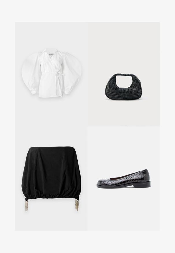 Witte wikkelblouse van lichtgewicht katoen, met een diepe V-hals, lange pofmouwen en een strik in de taille voor een verstelbare pasvorm.; Zwart cropped top met een gathered ontwerp, voorzien van een elastische zoom en metalen clips als accenten. Gemaakt van een lichte stof.; Zwarte ballerina's van lakleer met een geperforeerd ontwerp, een ronde neus en een lage blokhak. Voorzien van contrasterende stiksels en een gladde textuur.; Zwarte geweven hobo-tas met een zachte structuur en geïntegreerd handvat, weergegeven op een effen lichte achtergrond.