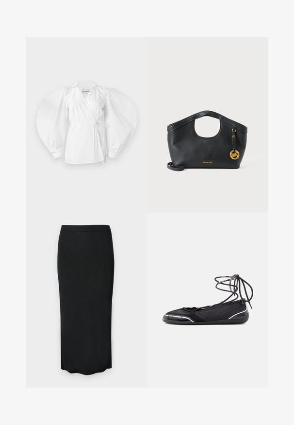 Witte wikkelblouse van lichtgewicht katoen, met een diepe V-hals, lange pofmouwen en een strik in de taille voor een verstelbare pasvorm.; Zwarte geribbelde midi potloodrok van gebreide stof met een elastische tailleband en een licht geschulpte zoom.; Zwarte ballerina's met een gestructureerd bovenwerk en een vetersluiting. Opvallende zilveren accenten en een zachte rubberen zool voor flexibiliteit.; Zwart leren Michael Kors handtas met ronde bovenkant handgreep uitsnede, gouden logohanger en afneembare schouderriem op witte achtergrond.