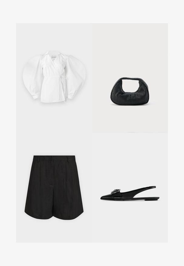 Witte wikkelblouse van lichtgewicht katoen, met een diepe V-hals, lange pofmouwen en een strik in de taille voor een verstelbare pasvorm.; Zwarte, op maat gemaakte short met hoge taille, met riemlussen, voorplooien en een licht uitlopende zoom tegen een effen lichte achtergrond.; Zwarte leren platte schoenen met spitse neus, een brede band en een ronde metalen gesp bovenaan.; Zwarte geweven hobo-tas met een zachte structuur en geïntegreerd handvat, weergegeven op een effen lichte achtergrond.