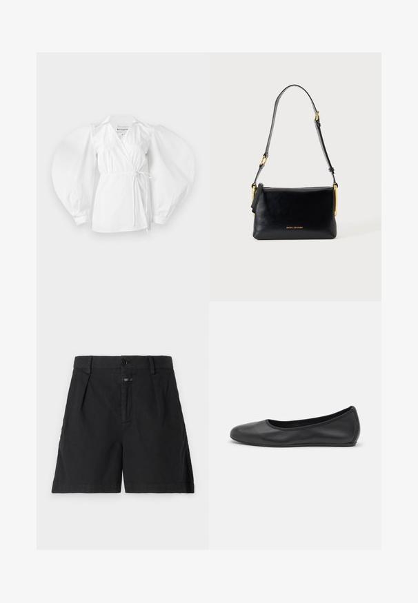 Witte wikkelblouse van lichtgewicht katoen, met een diepe V-hals, lange pofmouwen en een strik in de taille voor een verstelbare pasvorm.; CLOSED REVYL - Jeansshort - black; Zwarte leren ballerina met een ronde neus, gladde textuur, minimale stikdetails en een flexibele zoolontwerp.; Zwarte leren schoudertas met verstelbare riem en gouden hardware, met klein gouden "Marc Jacobs" logo middenvoor.