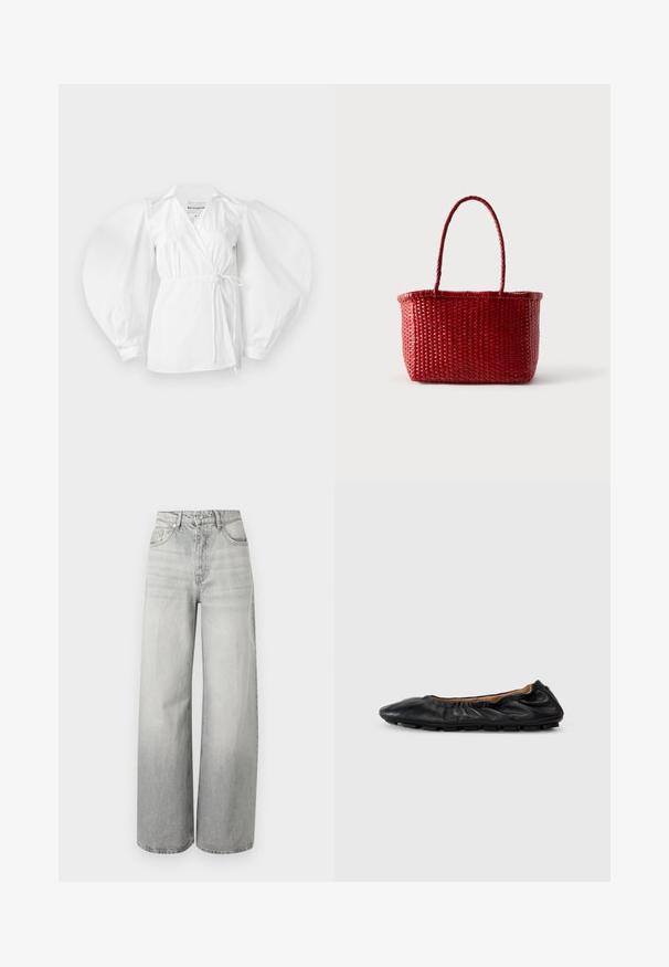 Witte wikkelblouse van lichtgewicht katoen, met een diepe V-hals, lange pofmouwen en een strik in de taille voor een verstelbare pasvorm.; High-waist wijd uitlopende jeans van lichtgrijs denim met voor- en achterzakken, riemlussen en knoopsluiting.; Zwarte leren balletschoenen met geplooid detail bij de kraag, ronde neus en flexibele rubberen zool. Gladde textuur overal.; Rode geweven rechthoekige mand met een enkele gevlochten handgreep die omhoog wijst, tegen een effen lichte achtergrond.
