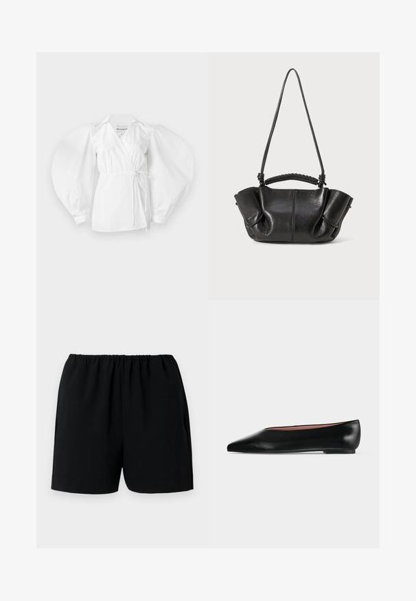 Witte wikkelblouse van lichtgewicht katoen, met een diepe V-hals, lange pofmouwen en een strik in de taille voor een verstelbare pasvorm.; Zwarte shorts met een elastische tailleband, gemaakt van lichtgewicht stof. Heeft een eenvoudig ontwerp met rechte broekopeningen en geen zichtbare patronen.; Zwarte leren damesschoen met platte zool, puntige neus en lage hak, zijwaarts afgebeeld tegen een effen lichtgrijze achtergrond.; Zwarte leren handtas met een gestructureerde afwerking, zachte plooien, dubbele hengsels en een geweven handvatdetail. Compact, met een open bovenkant ontwerp.