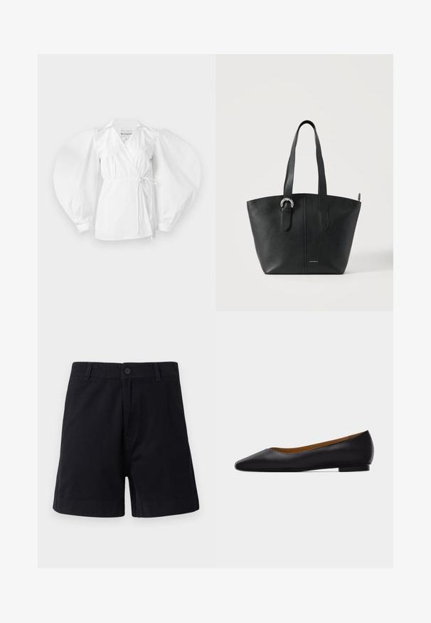 Witte wikkelblouse van lichtgewicht katoen, met een diepe V-hals, lange pofmouwen en een strik in de taille voor een verstelbare pasvorm.; Donkerblauwe katoenen shorts met knoopsluiting, zijzakken en een rechte snit, met een gladde textuur en een eenvoudig ontwerp.; Zwarte leren puntschoen met lage hak en gladde afwerking, zijaanzicht op een lichtgrijze achtergrond.; Zwarte getextureerde leren handtas met twee hengsels, een zilveren gesp aan één hengsel en een klein merklogo vlak bij de onderkant.