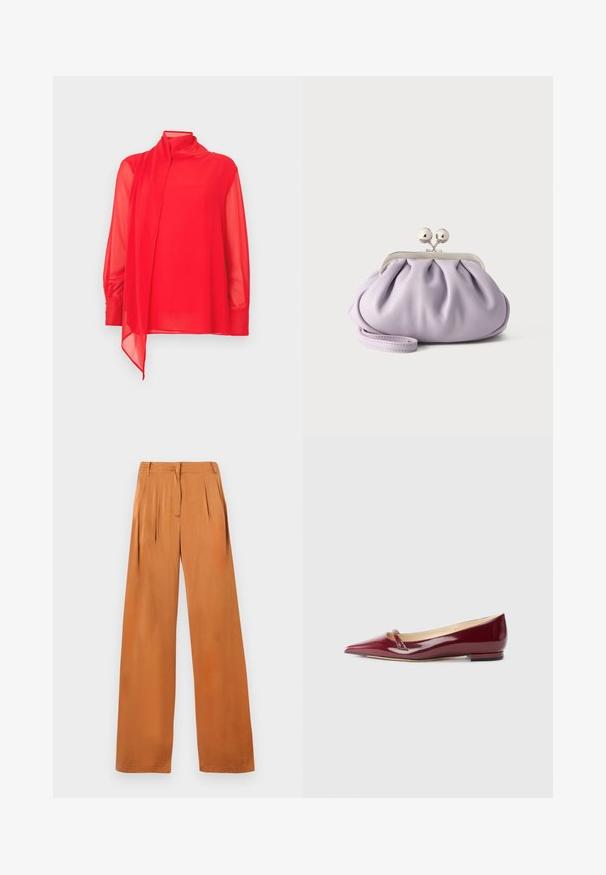 Blouse rouge transparente avec un col montant et des manches longues. Présente un détail de tissu qui traîne et des poignets boutonnés. Coupe ajustée.; Pantalon ample couleur rouille avec plis, passants pour ceinture et fermeture éclair cachée à l'avant, présenté à plat sur un fond blanc.; Ballerines en cuir verni bordeaux avec un bout pointu, présentant un petit détail découpé et un petit talon. Texture lisse et design épuré.; Pochette lavande douce avec tissu froncé, fermoir kiss-lock argenté et bracelet assorti sur un fond clair uni.