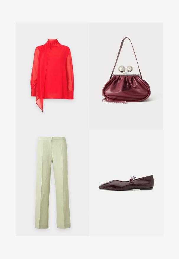 Blouse rouge transparente avec un col montant et des manches longues. Présente un détail de tissu qui traîne et des poignets boutonnés. Coupe ajustée.; Pantalon vert clair à jambes droites avec plis à l'avant, taille avec bande et fermeture avant cachée, présenté sur un fond uni.; Ballerines en cuir verni bordeaux avec un bout pointu et un nœud décoratif violet sur le cou-de-pied ; design à semelle plate.; Petit sac à main en cuir bordeaux avec des détails froncés, une fine bandoulière et une fermeture argentée comportant deux gros boutons ronds.