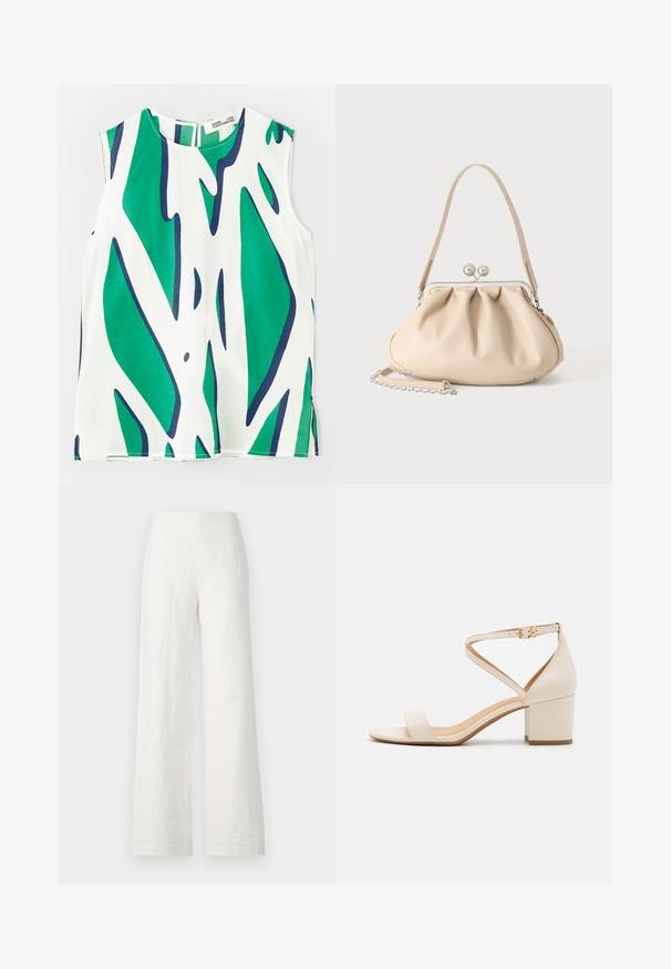 Débardeur en tissu léger, avec un motif abstrait vert vif et marine sur fond blanc. Encolure ronde avec un dos en forme de serrure.; Pantalons larges en lin blanc avec une texture lisse et une taille haute. Présente une silhouette simple et épurée sans embellissements.; Sandales à talon bloc beiges présentant un design minimaliste, bout ouvert et une sangle de cheville ajustable avec une boucle dorée. Texture lisse.; Sac à main en cuir souple beige avec un fermoir en métal argenté, une bandoulière simple et une bandoulière chaîne optionnelle sur fond blanc.
