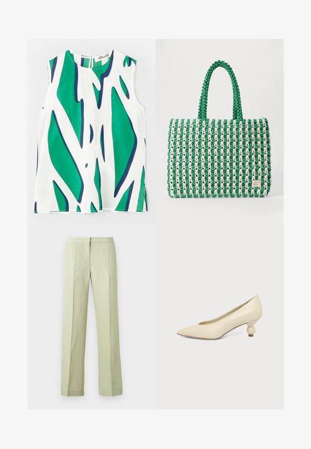 Mouwloos topje van lichtgewicht stof, met een gedurfde groene en marineblauwe abstracte print op een witte achtergrond. Ronde halslijn met een sleuf aan de achterkant.; Lichtgroene rechte broek met voorplooien, tailleband en een verborgen vooraanluiting, getoond tegen een effen achtergrond.; Dames schoen in roomkleur met een puntige neus en een lage, ronde balvormige hak op een effen achtergrond.; Groene en witte geweven tote bag met een gestructureerde rechthoekige vorm, textuur afwerking en twee stevige handvatten. Heeft een logo label aan de zijkant.