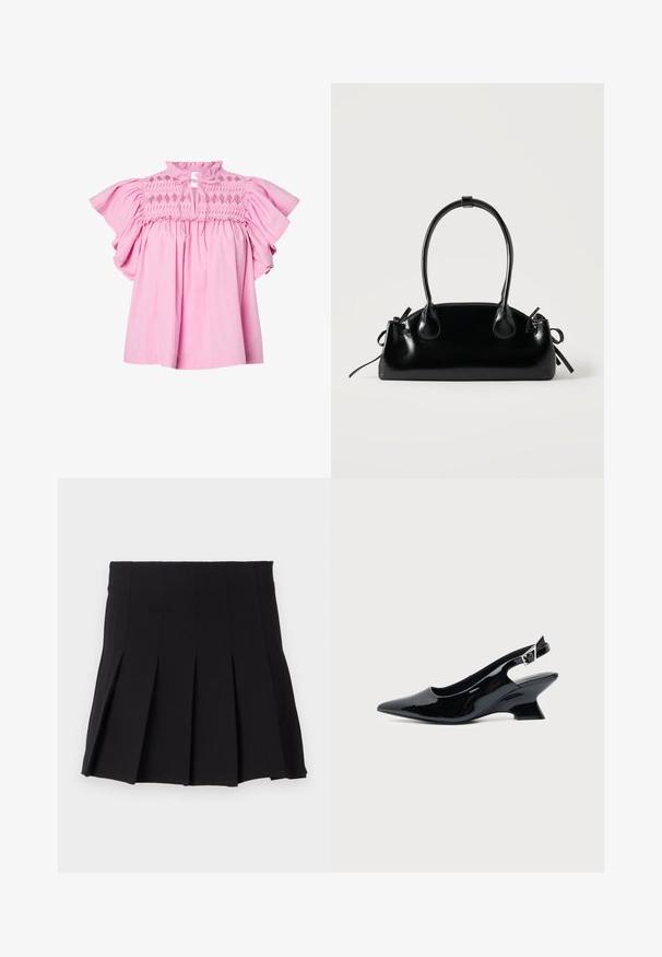 Blusa rosa con mangas cortas acampanadas, parte superior del cuerpo con fruncido de patrón de diamantes y un pequeño escote delantero atado con cintas de tela.; Falda negra con pliegues, con una cinturilla ajustada, hecha de una tela suave. Presenta múltiples pliegues verticales para una silueta estructurada.; Zapato slingback de cuero charol negro con puntera puntiaguda y tacón bajo en bloque inclinado sobre fondo claro liso.; Pequeño bolso negro brillante con dos asas largas y detalles de cordón lateral sobre un fondo claro liso.