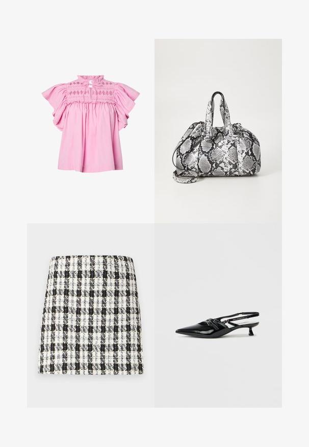 Blusa rosa con mangas cortas acampanadas, parte superior del cuerpo con fruncido de patrón de diamantes y un pequeño escote delantero atado con cintas de tela.; Falda de cuadros en blanco y negro hecha de un tejido texturizado, con un diseño estructurado, corte recto y un detalle mínimo.; Zapato slingback de charol negro con puntera puntiaguda, tacón pequeño de bloque y correa ajustable con detalles recortados y acentos de logotipo.; Bolso de mano con patrón de piel de serpiente en blanco y negro, con dos asas, un cierre de cordón y una correa para el hombro desmontable. Textura suave.