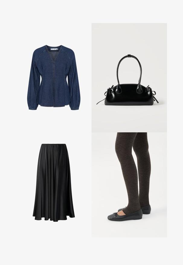 Blouse en denim bleu foncé avec un col en V, des manches raglan, des poignets élastiques et des poches latérales. Présente des coutures contrastantes partout.; Jupe maxi noire en tissu lisse, dotée d'une taille élastique, d'une silhouette ample et d'un ourlet fluide sans motifs ni détails visibles.; Jambes portant des leggings côtelés foncés associés à des ballerines noires avec de petits détails en nœud sur fond blanc.; Petit sac à main noir brillant avec deux longues anses et des détails à cordon sur les côtés sur un fond clair uni.