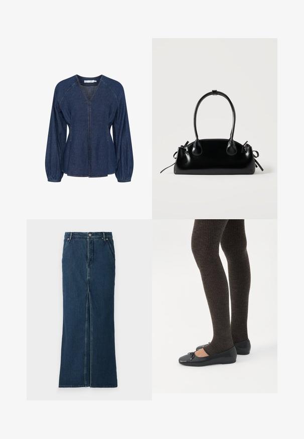 Blusa de denim en azul oscuro con escote en V, mangas raglán, puños elásticos y bolsillos laterales. Presenta costuras en contraste en toda la prenda.; Good American FIT AND FLARE MAXI SKIRT - Falda vaquera - indigo; Piernas con leggings oscuros acanalados combinados con bailarinas negras que presentan pequeños detalles de lazo sobre un fondo blanco.; Pequeño bolso negro brillante con dos asas largas y detalles de cordón lateral sobre un fondo claro liso.