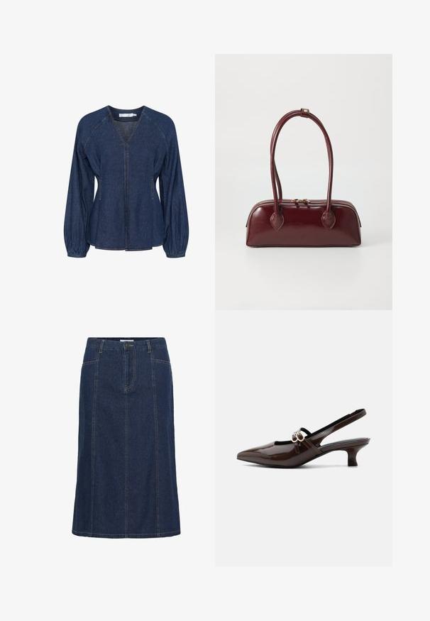 Blusa de denim en azul oscuro con escote en V, mangas raglán, puños elásticos y bolsillos laterales. Presenta costuras en contraste en toda la prenda.; Falda de mezclilla en azul oscuro con un diseño recto, cinco bolsillos, costuras visibles y un cierre de botón en la cintura. De longitud media.; Marco Tozzi Tacones - cinnamon; Bolso de piel burdeos con forma curva, asas dobles, cierre de cremallera y sutilezas en los detalles de costura. Acabado suave y brillante.