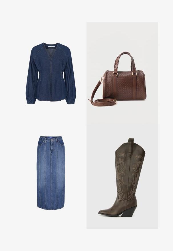 Blusa de denim en azul oscuro con escote en V, mangas raglán, puños elásticos y bolsillos laterales. Presenta costuras en contraste en toda la prenda.; Falda midi de mezclilla azul con costuras verticales, cierre frontal con botones y cremallera, trabillas para cinturón y bolsillos delanteros.; Bota de vaquero de cuero marrón con puntera afilada, tacón en cuña y bordado decorativo. Presenta un caña alta y una lengüeta de agarre.; Bolso de mano tejido en cuero marrón oscuro con asas dobles trenzadas, herrajes dorados y correa de hombro desmontable enrollada al frente.