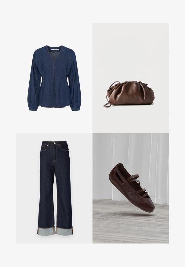 Blusa de denim en azul oscuro con escote en V, mangas raglán, puños elásticos y bolsillos laterales. Presenta costuras en contraste en toda la prenda.; Jeans de mezclilla oscura de pierna ancha con dobladillo sin terminar, costuras naranjas en contraste y dos bolsillos delanteros; los puños enrollados revelan mezclilla más clara debajo.; Bailarina plana de cuero marrón oscuro con tres tiras finas en la parte superior, mostrada flotando sobre un suelo claro de baldosa y cortinas blancas transparentes.; Bolso tipo bolsa de cuero marrón suave con parte superior fruncida y asa delgada, apoyado sobre un fondo blanco.