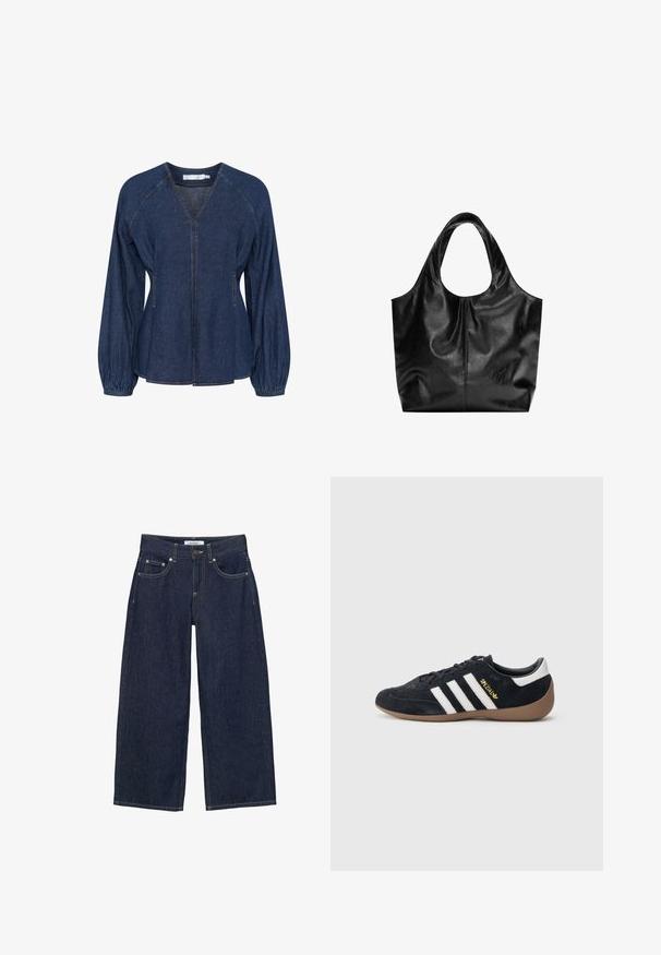 Blouse en denim bleu foncé avec un col en V, des manches raglan, des poignets élastiques et des poches latérales. Présente des coutures contrastantes partout.; Jean denim bleu foncé à jambes larges avec poches devant, passants pour ceinture, fermeture à boutons et surpiqûres contrastantes.; Baskets en daim noir avec trois bandes blanches, semelle en caoutchouc beige, et un petit logo doré sur le côté. Dotées d'une doublure intérieure noire lisse.; Sac fourre-tout en cuir noir avec une texture lisse, un haut arrondi doux et de larges poignées. Présente une couture minimale et une silhouette décontractée.