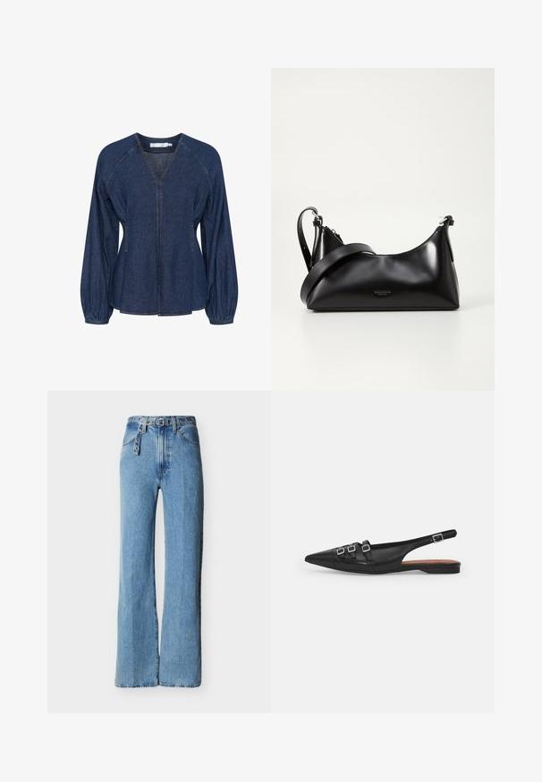 Mørkeblå denimbluse med V-udskæring, raglanærmer, elastiske manchetter og sidelommer. Har kontrastsyninger hele vejen igennem.; Lyseblå jeans i høj talje med vide ben, fem lommer og et matchende bælte i denim med metaløjer og spænde.; Sort læderslyngeflad sko med spids tå, der har to vandrette stropper og firkantede sølvspænder, lav hæl og glat tekstur.; Sort læderhåndtaske med en glat tekstur. Har en justerbar stropp og et enkelt, minimalistisk design med lynlås.
