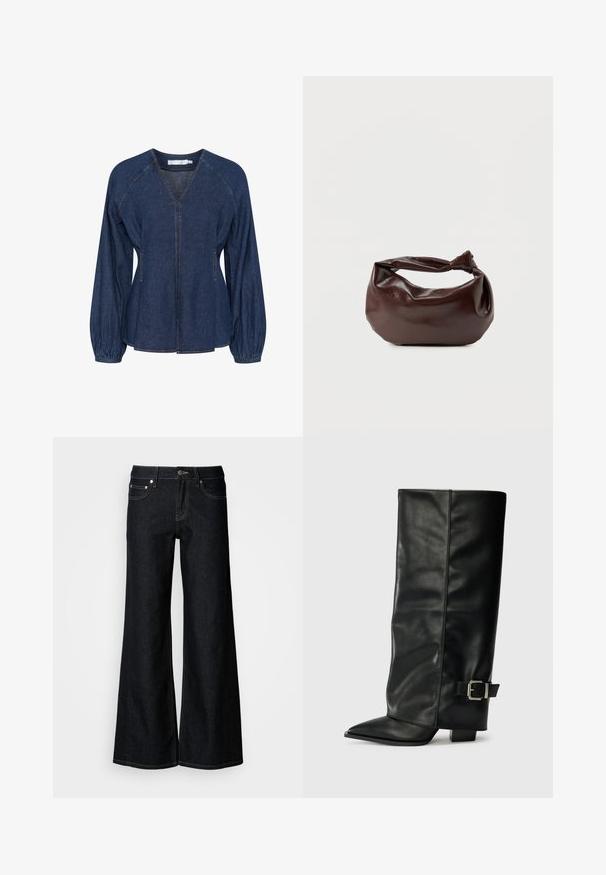 Blusa de denim en azul oscuro con escote en V, mangas raglán, puños elásticos y bolsillos laterales. Presenta costuras en contraste en toda la prenda.; Pantalones vaqueros de pierna ancha y denim oscuro, con cintura alta, diseño de cinco bolsillos y costuras contrastantes en color amarillo a lo largo de las costuras.; Botas de cuero negro hasta el tobillo con punta afilada, textura suave y un detalle de hebilla plateada en el lado. Tacón cuadrado grueso.; Bolso de hombro de cuero marrón oscuro con una forma suave y caída, y un asa con nudo torcido sobre un fondo blanco liso.