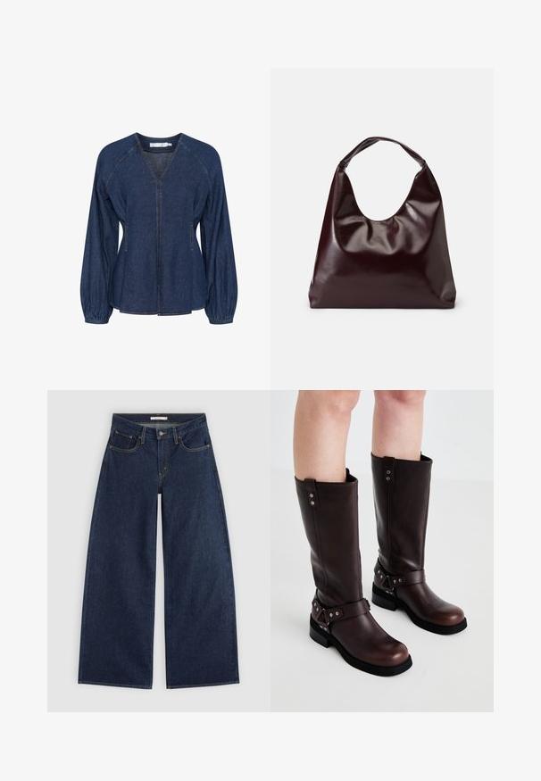Mørkeblå denimbluse med V-udskæring, raglanærmer, elastiske manchetter og sidelommer. Har kontrastsyninger hele vejen igennem.; Mørkeblå vidde cowboybukser med forlommer, bæltestropper og knaplukning, vist fladt på en lys baggrund.; Brune læder knæ-høje støvler med en glat tekstur, der har en bred rem og trekantede metal detaljer samt flade gummisåler.; Bordeaux, skinnende vegansk læder tote taske med en blød, skulpturel form og et bredt, buet håndtag for nem bæring.