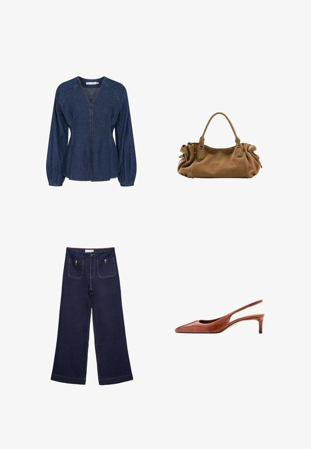 Mørkeblå denimbluse med V-udskæring, raglanærmer, elastiske manchetter og sidelommer. Har kontrastsyninger hele vejen igennem.; Mørkeblå vidde jeansbukser med høj talje, forlommer med metalknapper og synlige syninger.; Brun læder spids tå slingback sko med lav kitten hæl og tynd rem rundt om hælen på en hvid baggrund.; Blød brun ruskindshåndtaske med enkelt top håndtag og sammenrullede sidetaljer sikret med læderremme og metalringe.